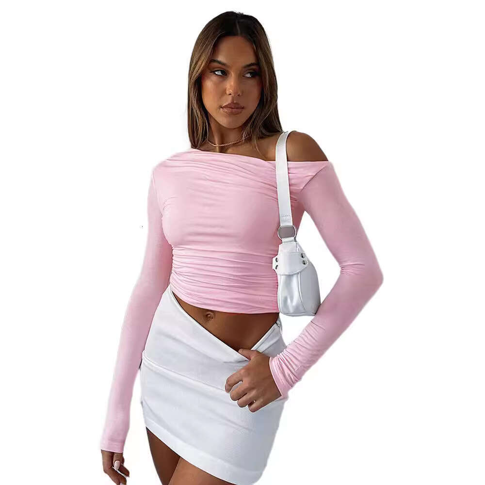 Cross-Border European and American Women's Clothing Asymmetrical Off-Shoulder Solid Color Crop Top Long Sleeve Sexy Slim Fit Elegant T-Shirt