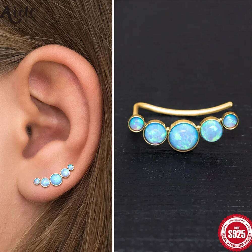 Aide 925 Sterling Silver Blue Fire Opal Stud Earring Screw Back Earrings For Women Vintage Wedding Jewelry Minimalist Gift 1PC