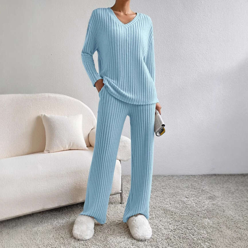 Cross-Border Two-Piece for Women 2026 Autumn New Fashion Casual Straight-Leg Pants Elegant Loose V-Neck Ribbed Knit Set