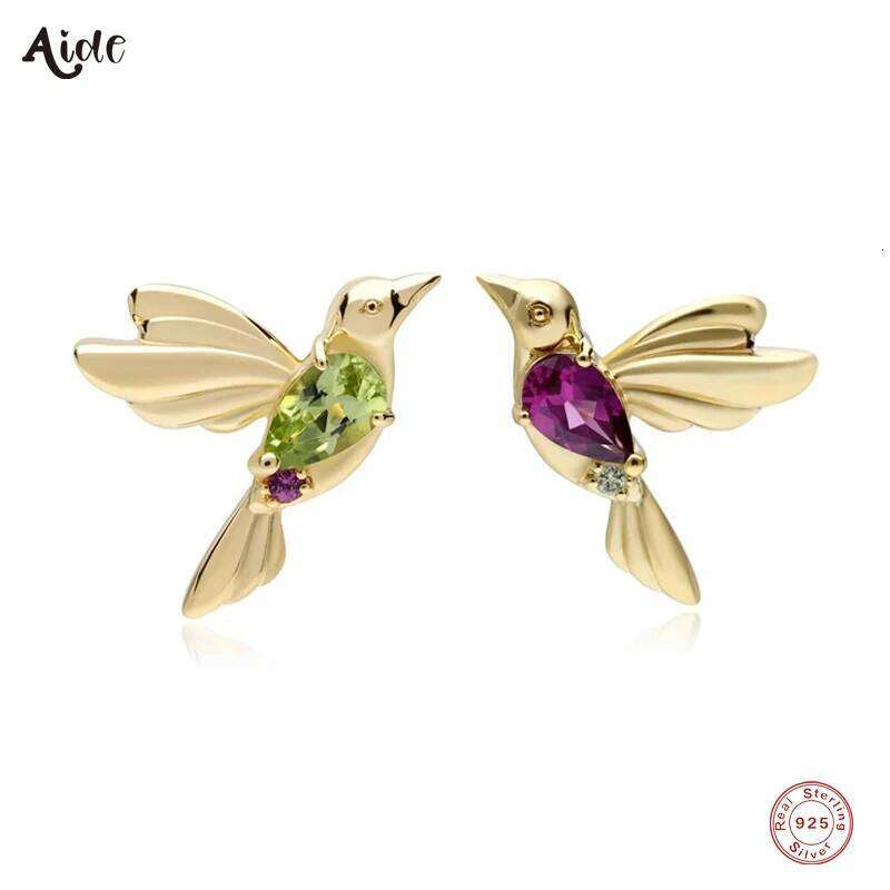 Aide 925 Sterling Silver Green Purple Cubic Zirconia Bird Stud For Women Vintage 18K Gold Plated Mismatched Earrings