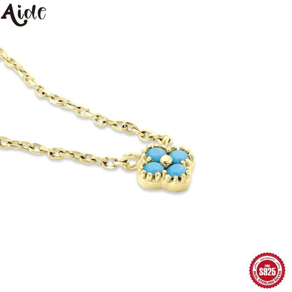 Aide Blue Four Petals Turquoise Pendant Clavicle Chain 925 Sterling Silver Necklace For Women 18K Gold Fine Jewelry Wedding Gift