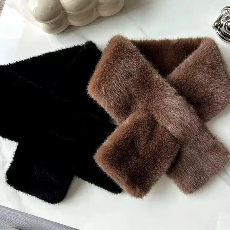Korean Women Winter Warm Thicken Cross Collar Scarf Imitation Faux Rabbit Fur Scarf Solid Furry Neck Warmer Cold Proof Scarves 251225