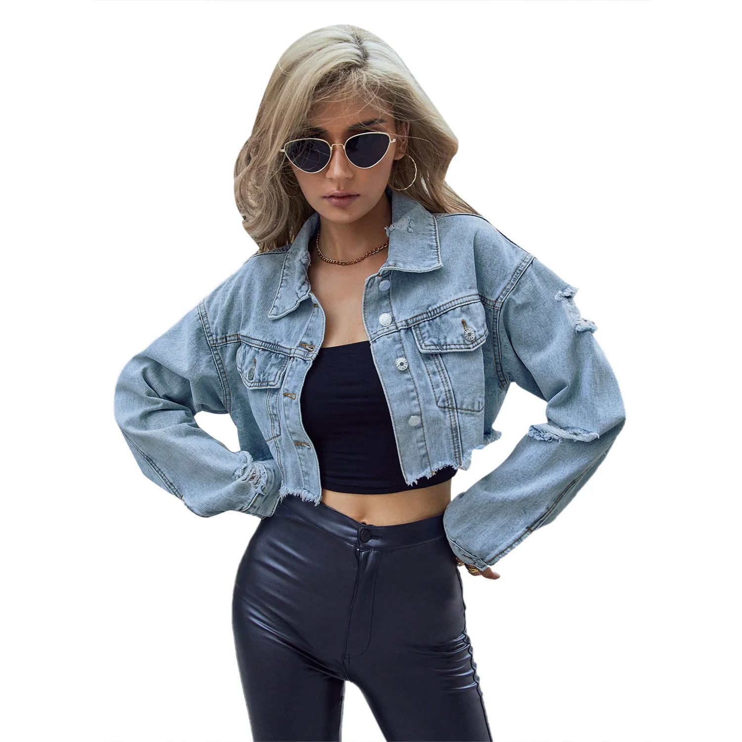 Denim Coat Turn Down Collar Women Jackets Long Sleeve Short Coats Solid Single Breasted Casual Hole Pockets Lady 251231