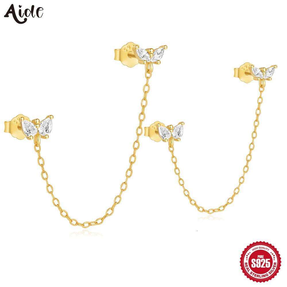 Aide 925 Sterling Silver Double Chain Earrings Women Shiny Mini Zircon Single 1PC Ear Studs Fine Gifts Wedding Jewelry