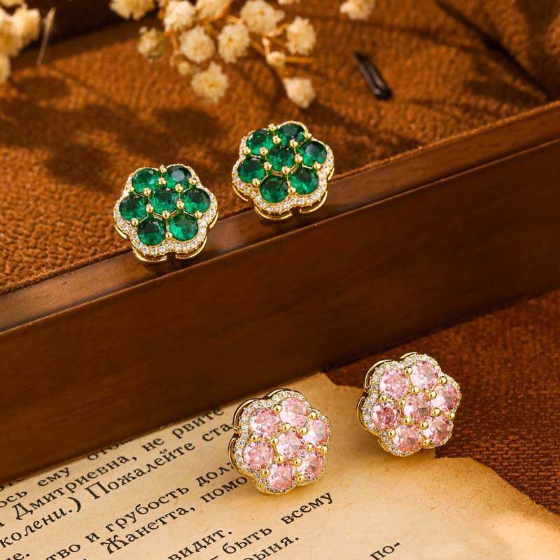 New High-End Micro-Inlaid Flower Earrings Versatile Needle Studs Elegant Light Luxury Fashion Ear Accessories