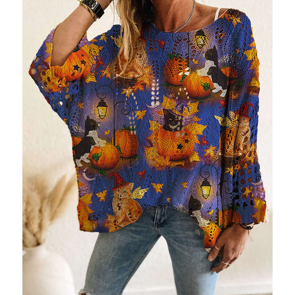 Spring Summer Autumn Four Seasons Off-Shoulder Diamond Hollow Pumpkin Bat Halloween Print Long Sleeve Women's Casual Premium