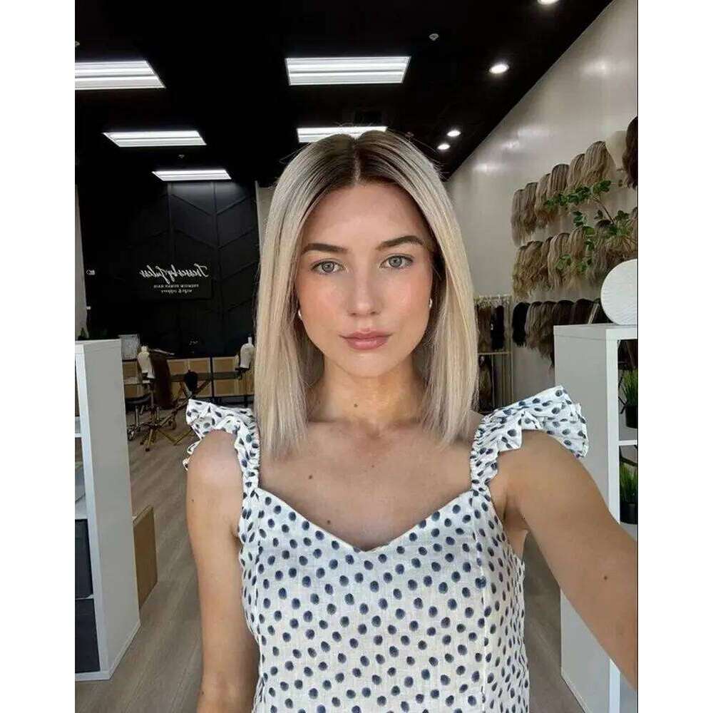 Luxury Ash Platinum Blonde Synthetic Lace Frontal With Dark Roots Bob Natural Straight 13*4 HD Original Factory Cheap Wigs
