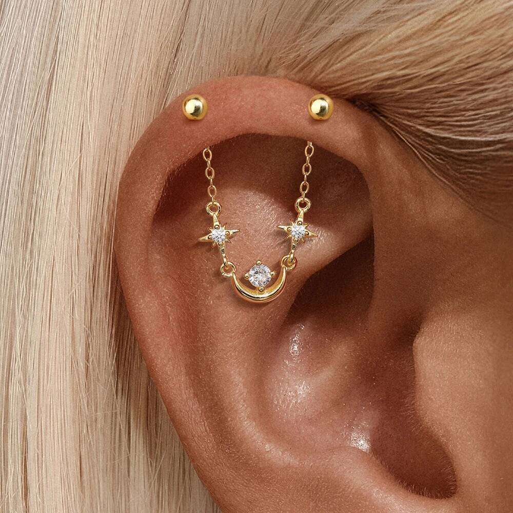 Aide 1pc 925 Silver Chains Flower Studs Women 18K Gold Flat Head Threaded Puncture Ear Bone Tassel Charm For Earring Jewelry