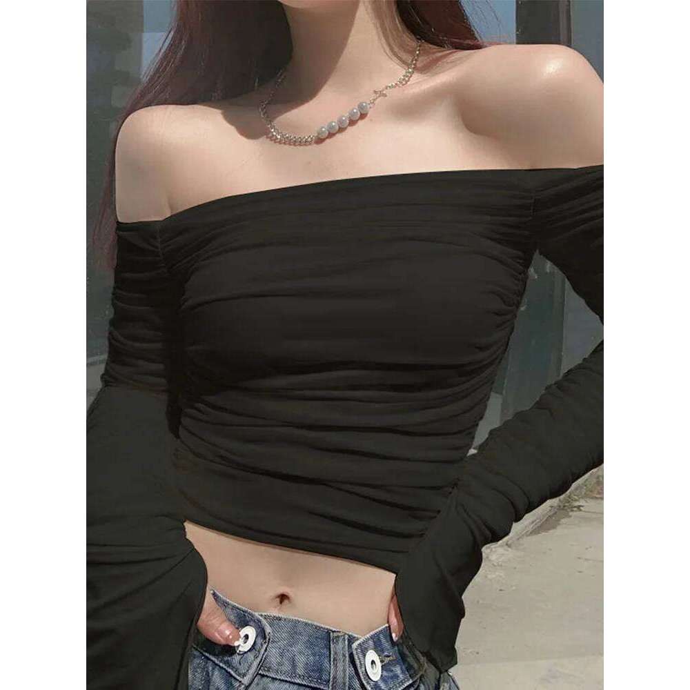 Mesh Patchwork Women Long Sleeve Crop T Shirt Ruched Off Shoulder Bodycon Sexy Elegant Streetwear 2024 Spring Summer