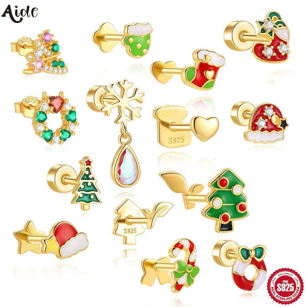 Aide 925 Sterling Silver 24 Types Piercing Golden Plated Cute Christmas Tree Socks Hat Stud Earrings Xmas Party Gift