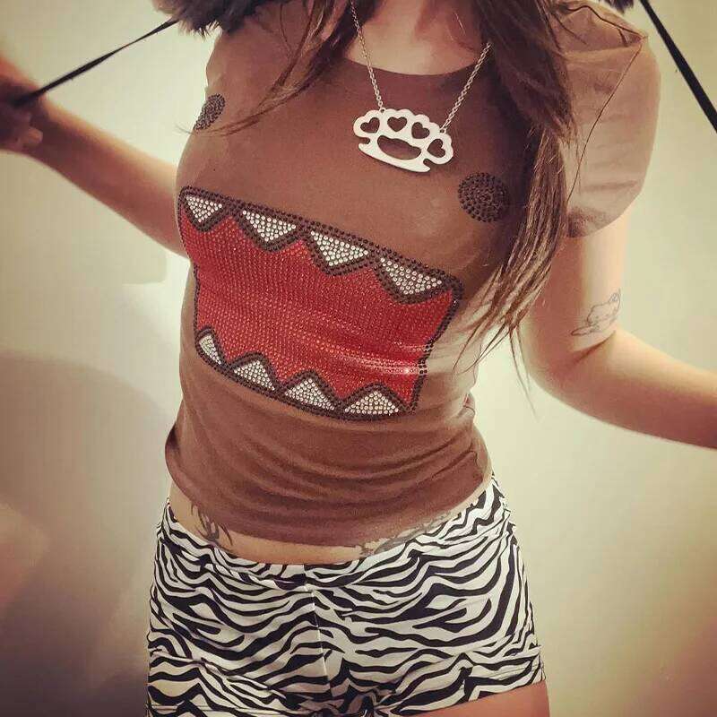 2025 summer new women Y2K Girl Retro Hot Fix Rhinestone Application Round Neck T-shirt Funny Vintage Tama Jun Top