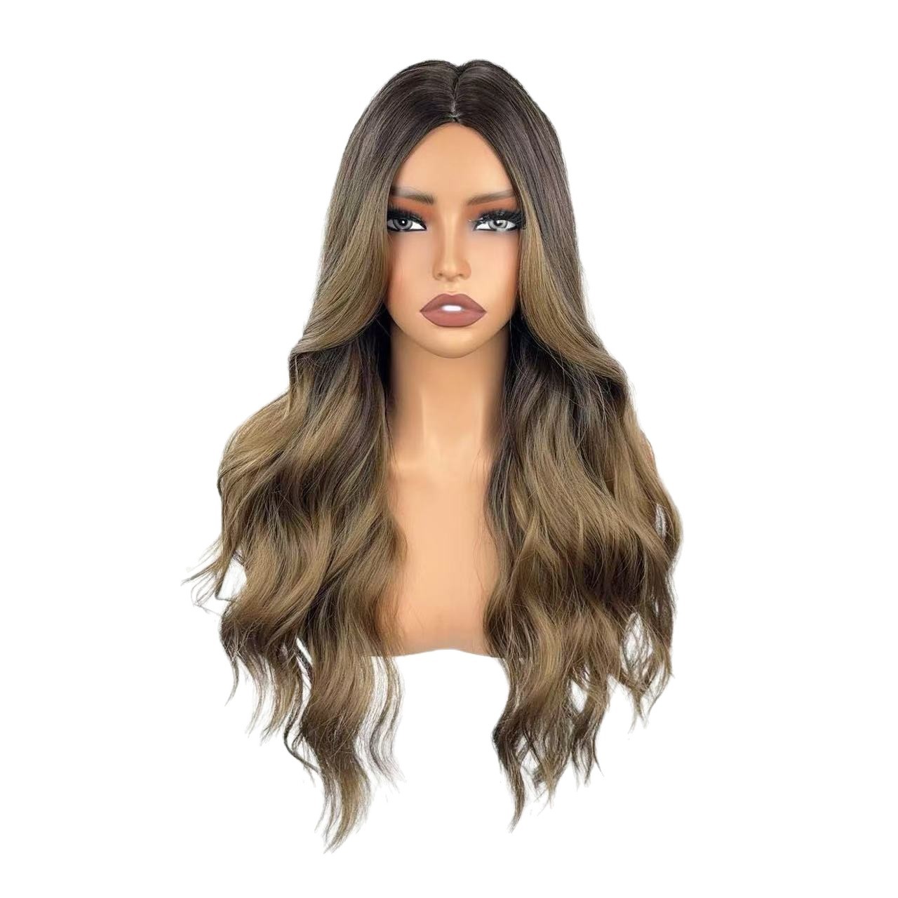 European American Cross Border E commerce Brown Straight Bangs Wavy Curls Matte Synthetic Fiber Wig High Temperature Resistant Silk Wig Ready to Wear 
