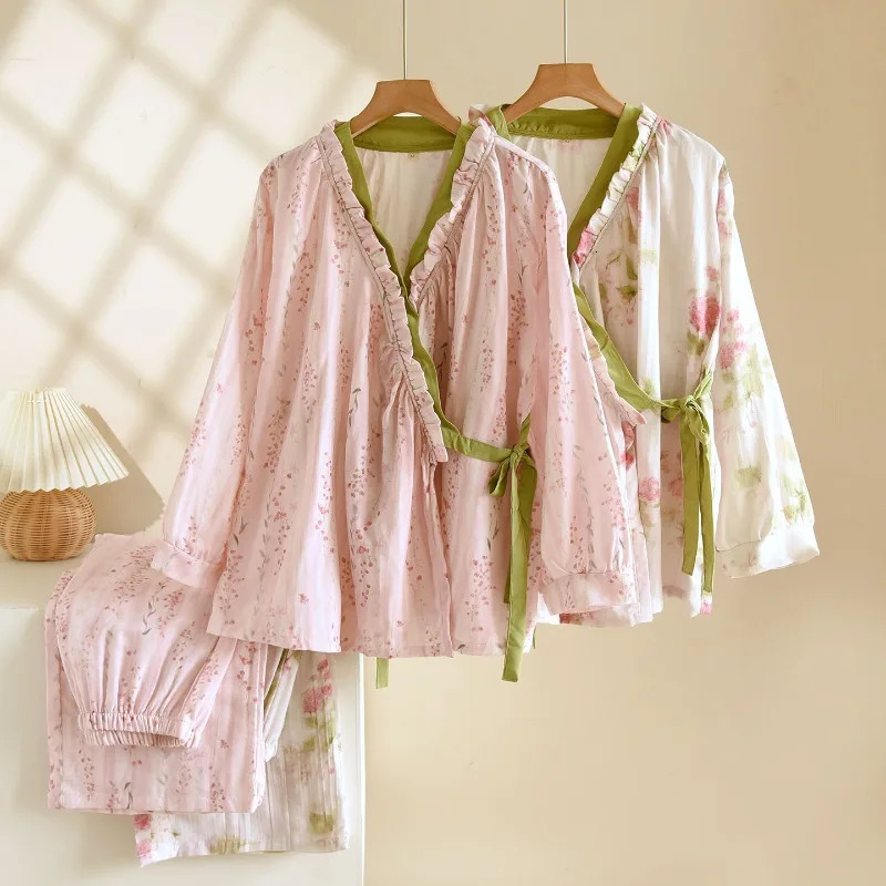 Spring and Autumn Womens Kimono Set 100 Cotton Gauze Chinese style Cardigan Long Sleeve Loose Simple Pajama 251231