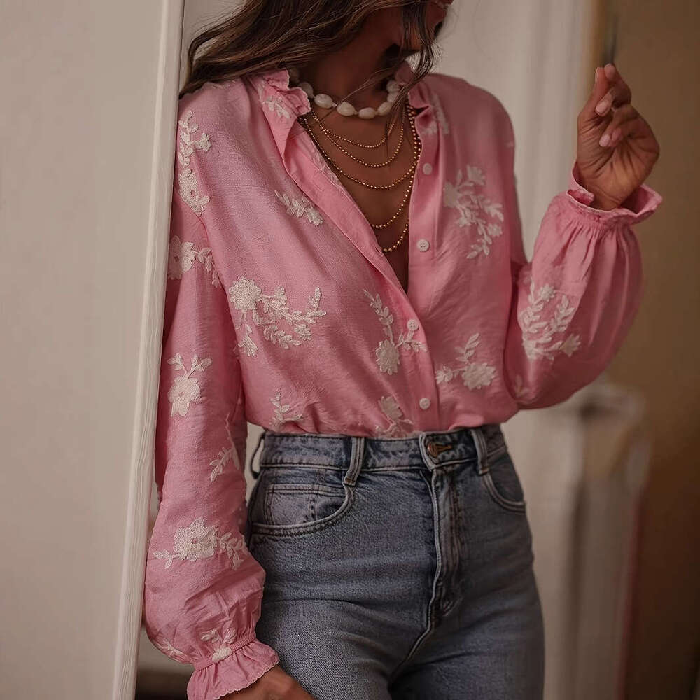 2026 Autumn Winter European American Foreign Trade Cross-Border Women's Fashion Hot-Selling Long-Sleeve Printed Top with Turn-Down Collar and Lan