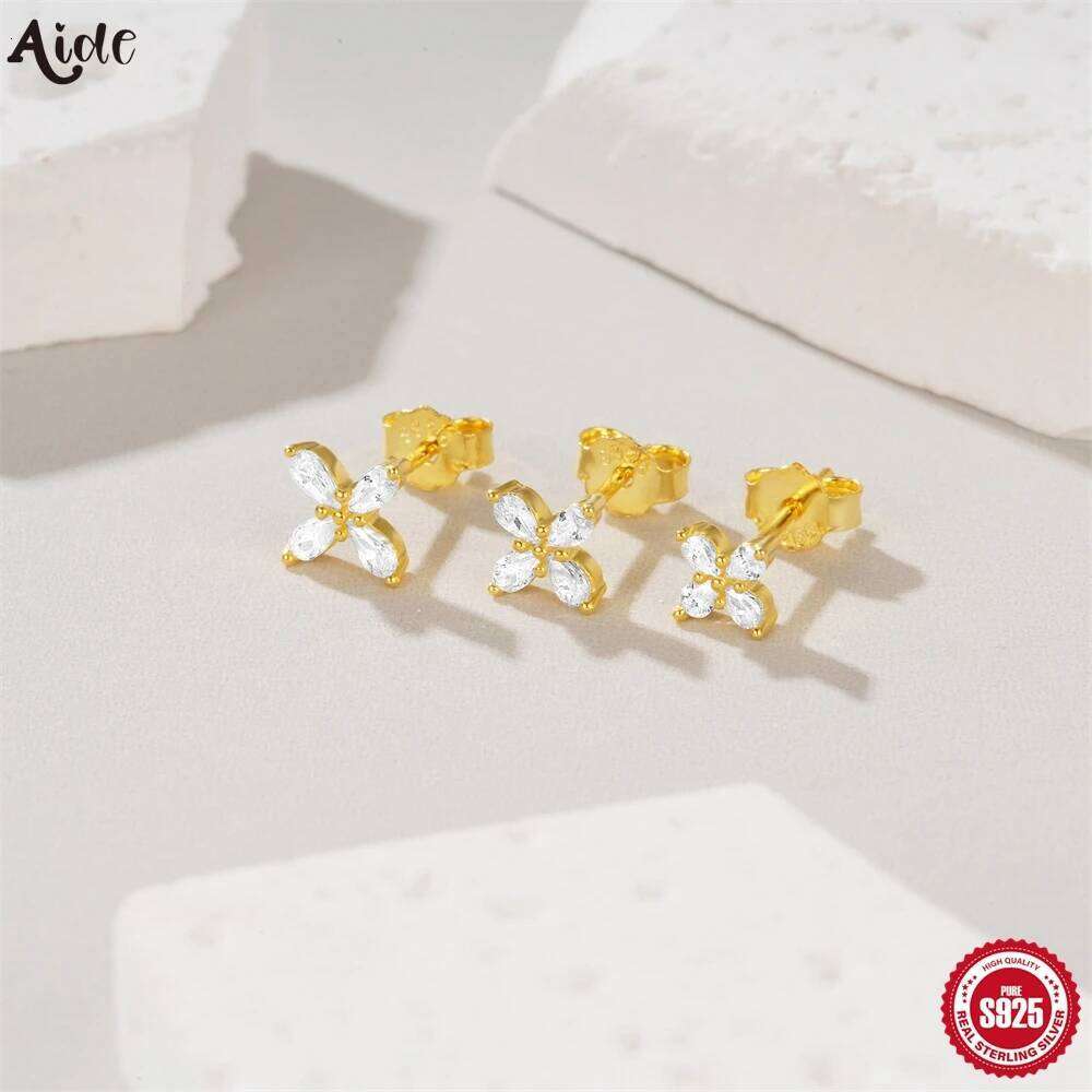 Aide Shiny Wedding Stud Earrings Set for Women 925 Silver Crystal Clear Flower Zircon Studs Accessories Earring Jewelry