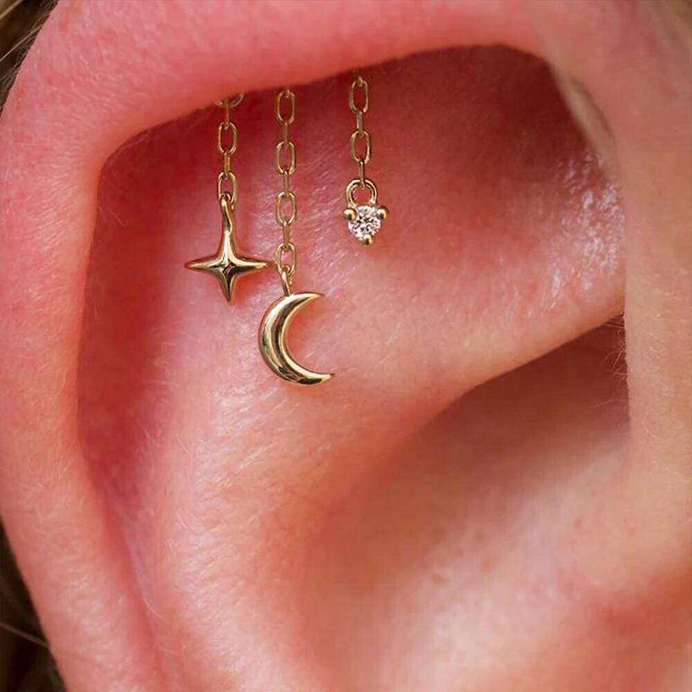 Aide Designed for vertical helix piercings 925 Silver Helix Chain Earring 18K Plated Star Dangles Threadless Push In Hidden Stud