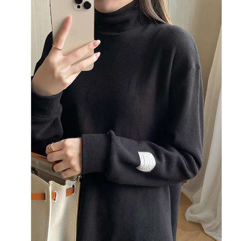 High Neck Thickened Thermal Base Shirt Women, Loose Fit Slimming Plus Size Long Sleeve T-Shirt for Autumn and Winter
