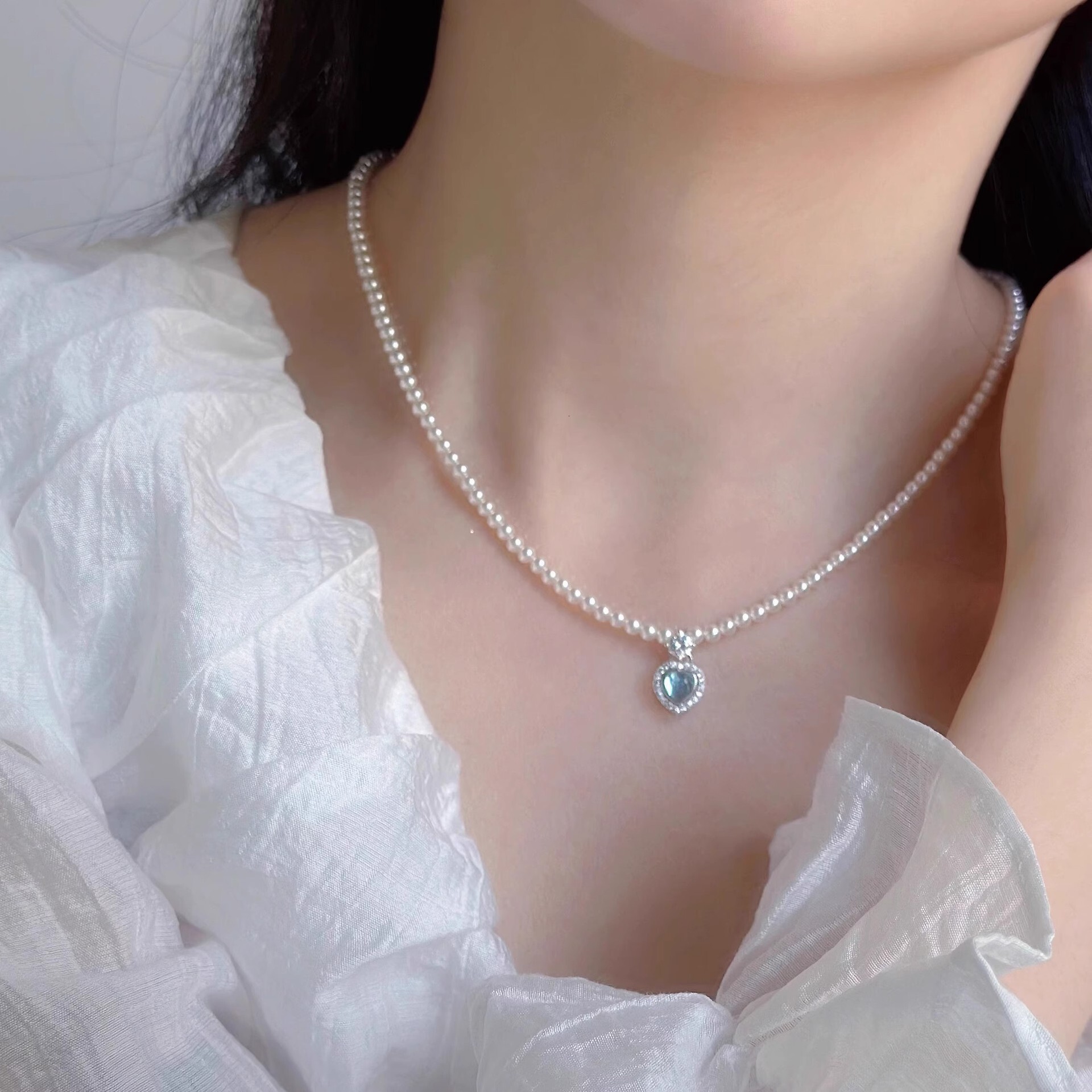 S925 Sterling Silver Natural Aquamarine Heart Necklace for Women - Luxury, Niche Accessories, Pearl Jewelry - High-End Feel