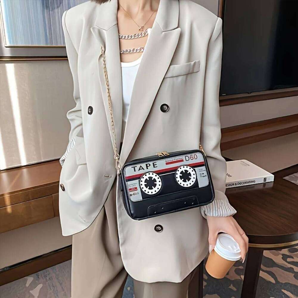 Women's Funny Personalized Audio Tape PU Crossbody Versatile Chain Shoulder Bag