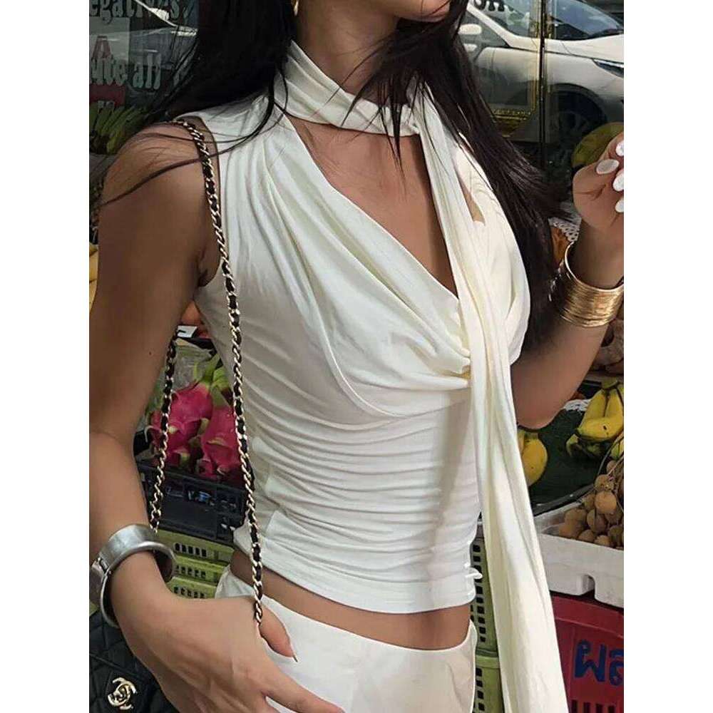 Solid Summer New Women Sexy Sleeveless V-Neck Lady Top Fashion Bandage Streetwear Casual Slim Tank Elegant Knitted Clothing