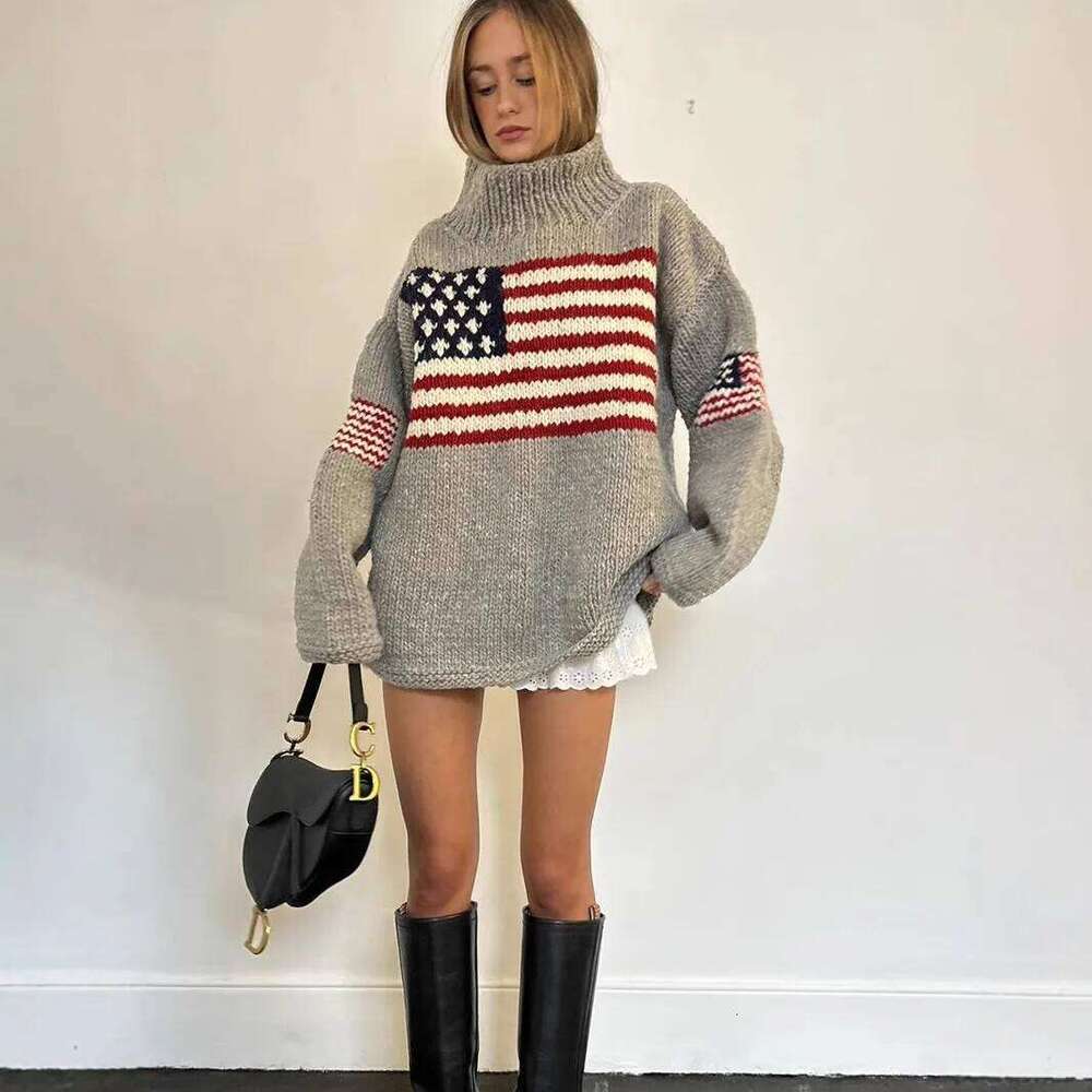Y2k Flag Pattern Sweater Women Oversized Knit Pullover Vintage Streetwear Casual Warm Loose Fit Fall Jumper