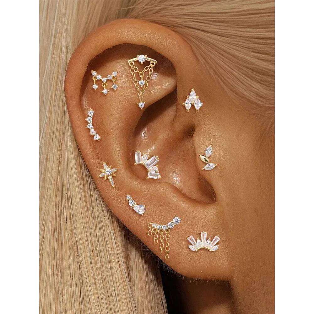 Aide 925 Sterling Silver Bar Hollow Star Stud Earrings Zircon Lightning Ear Piercing Helix Tragus Cartilage Conch Labret Jewelry