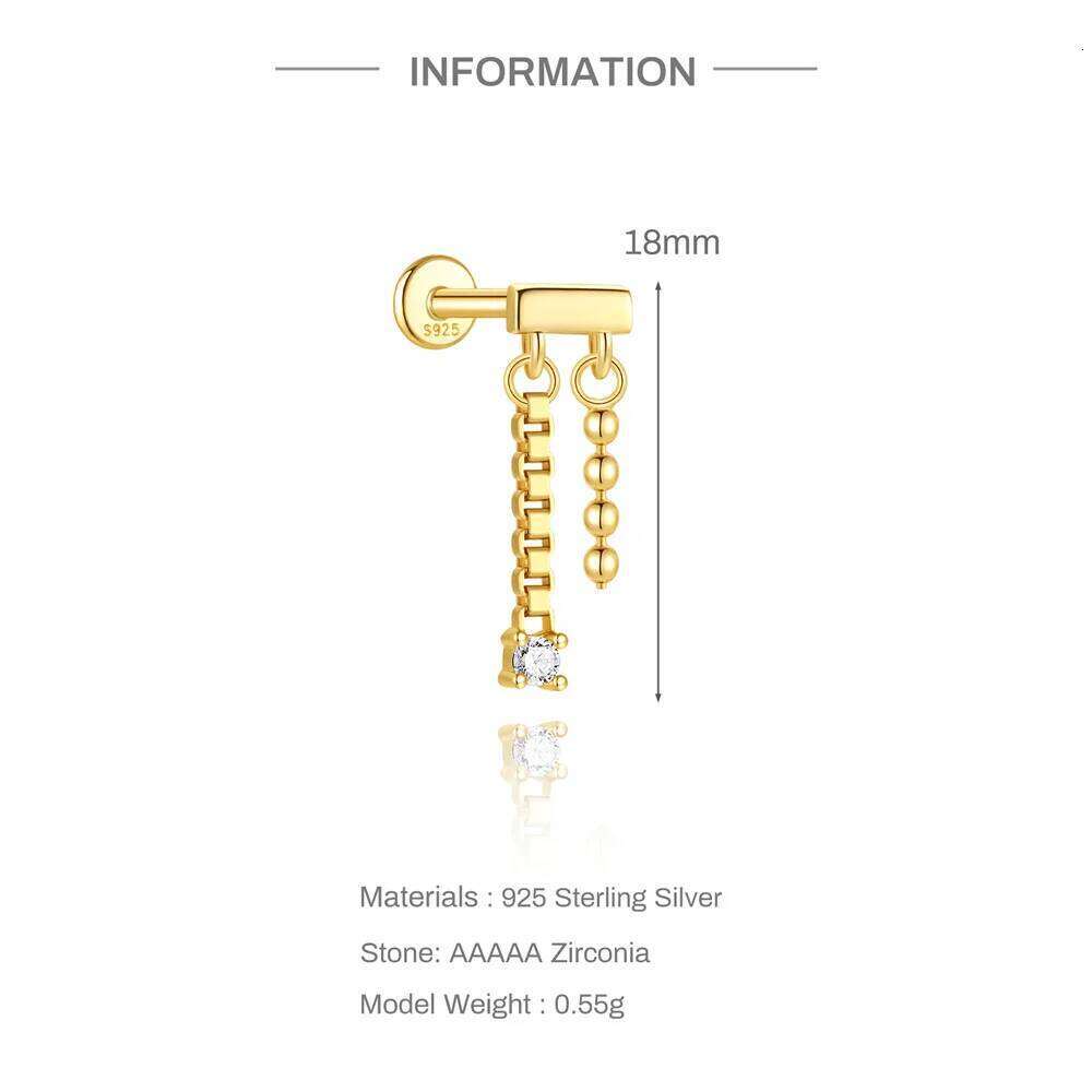 Aide 1PC 925 Sterling Silver Love Heart Star Chain Tassel Piercing Threaded Blinging Zircon Stud Earring For Women Jewelry Gifts