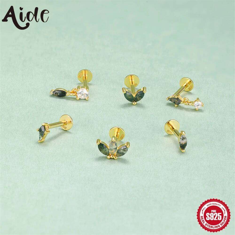 Aide 925 Sterling Silver Water Grass Colored Natural Eye Agate Beads Stud Earring Women Flat Bottomed Perforated Ear Studs