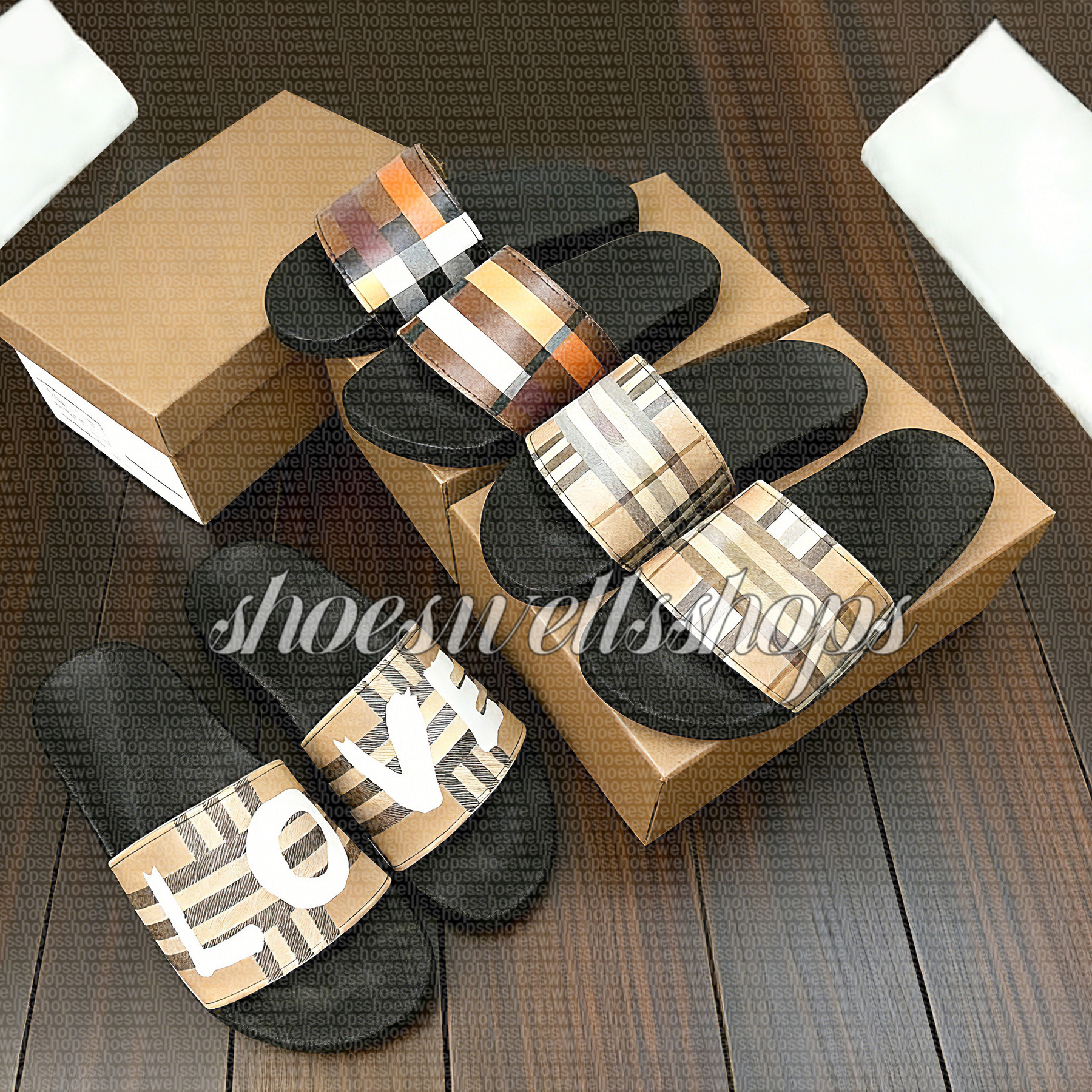 Designer Check Slides Vintage Printing Tartan Slippers Sliders Mens Furley Archive Summer Beige Print Embossed Logo Slide Dark Cerulean Blue Mangrove Size 35-46