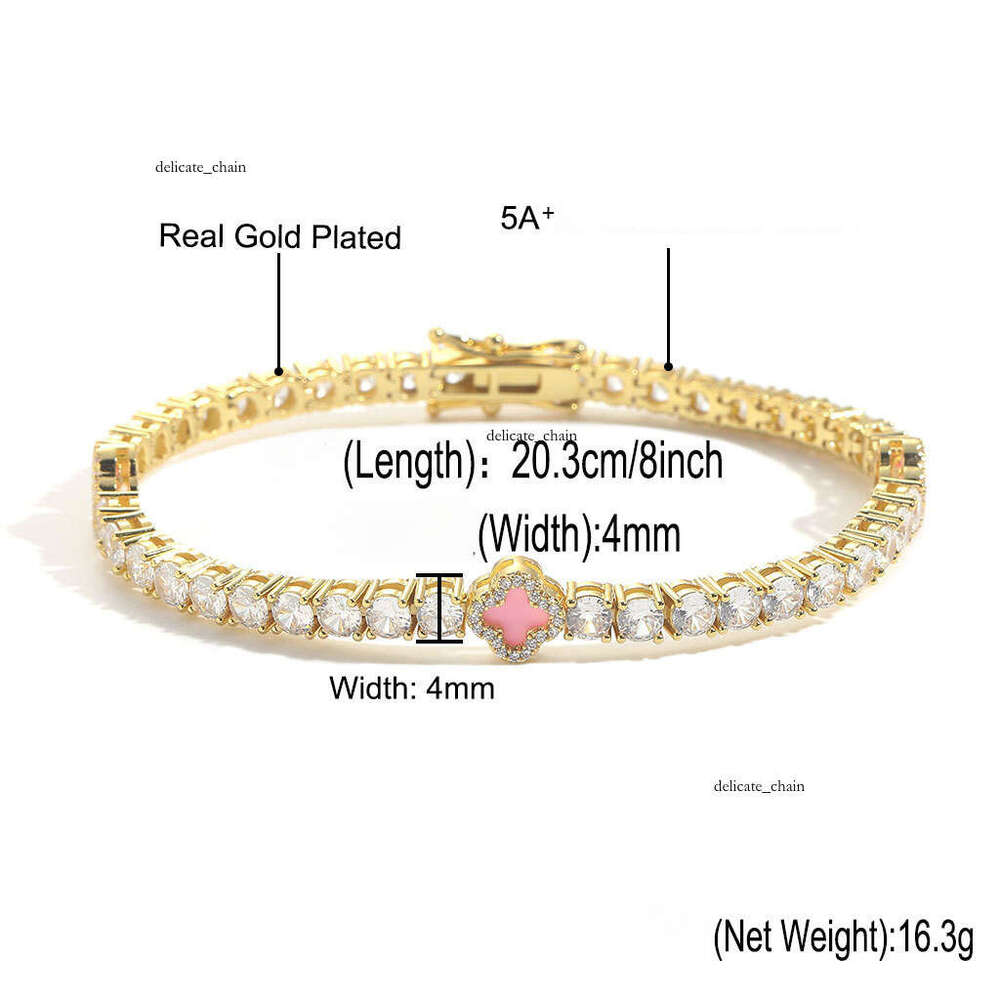 VVS Moissanite 4mm New Design Luxurious Pink Gold Plated Four-leaf Clover Iced Tennis Chain Necklace Fashion Women's Jewelry