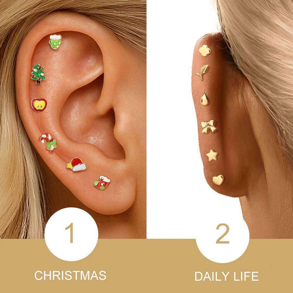 Aide 925 Sterling Silver 24 Types Piercing Golden Plated Cute Christmas Tree Socks Hat Stud Earrings Xmas Party Gift