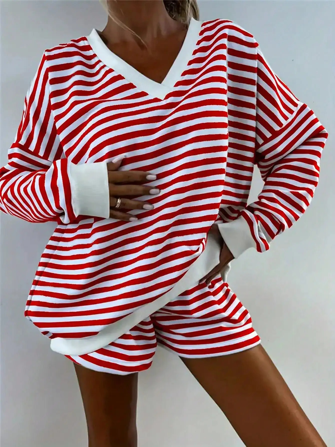 Womens Casual Striped Set Longsleeved Vneck Loose Top and Sports Shorts 2piece 251231