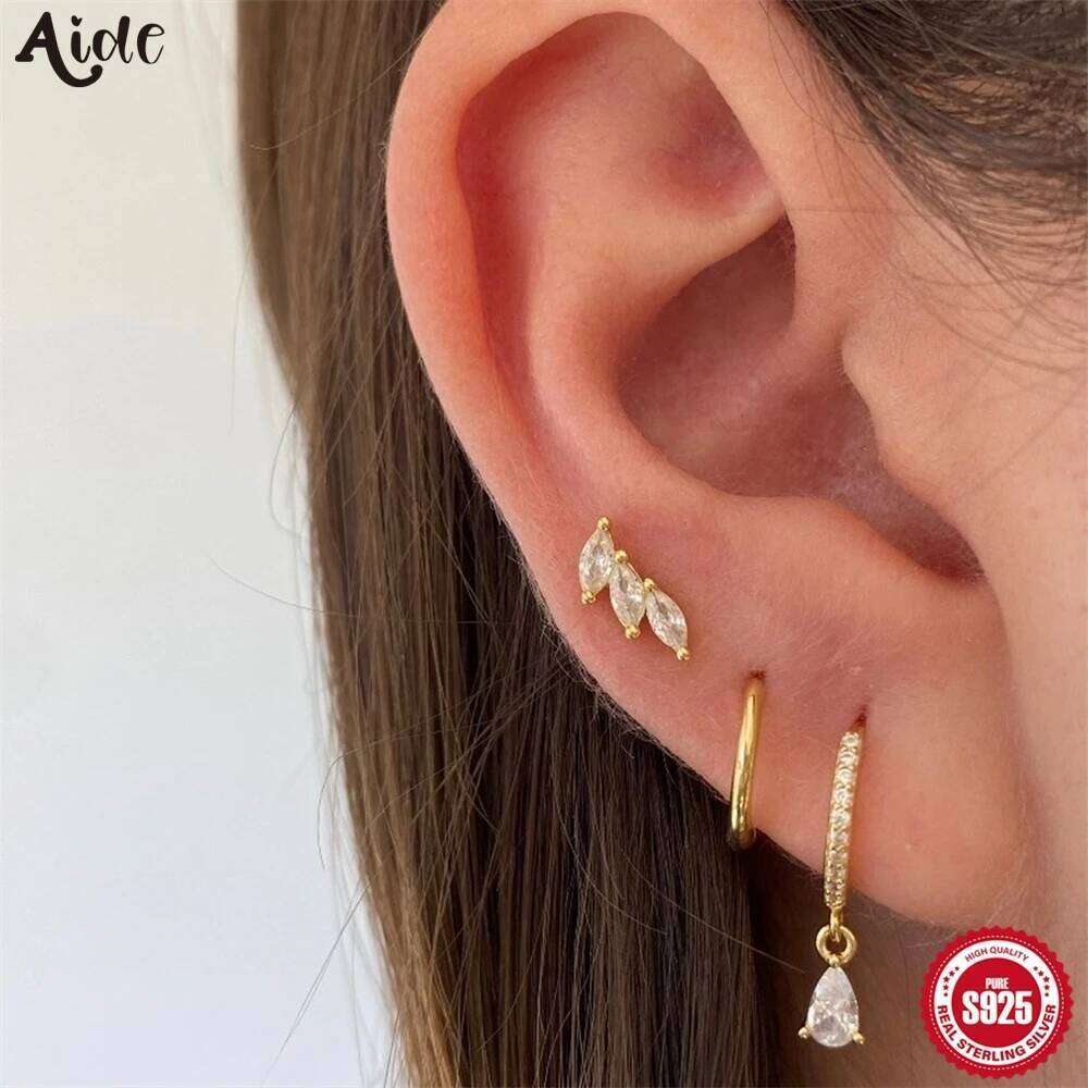 Aide 1 Set Horse Eye Crown Simple 925 Sterling Silver Stud For Women Water-Drop Shiny Zircon Earring Fine Jewelry