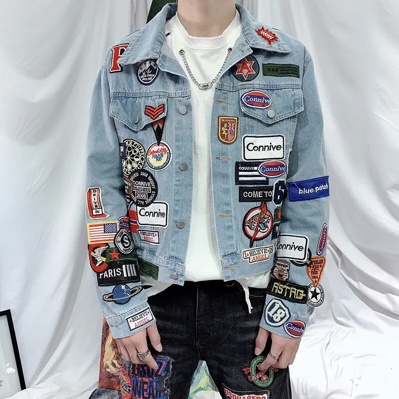 Spring and Autumn Mens ed Denim Jacket Trendy Handsome Slim Fit Badge Jeans Coat 251231