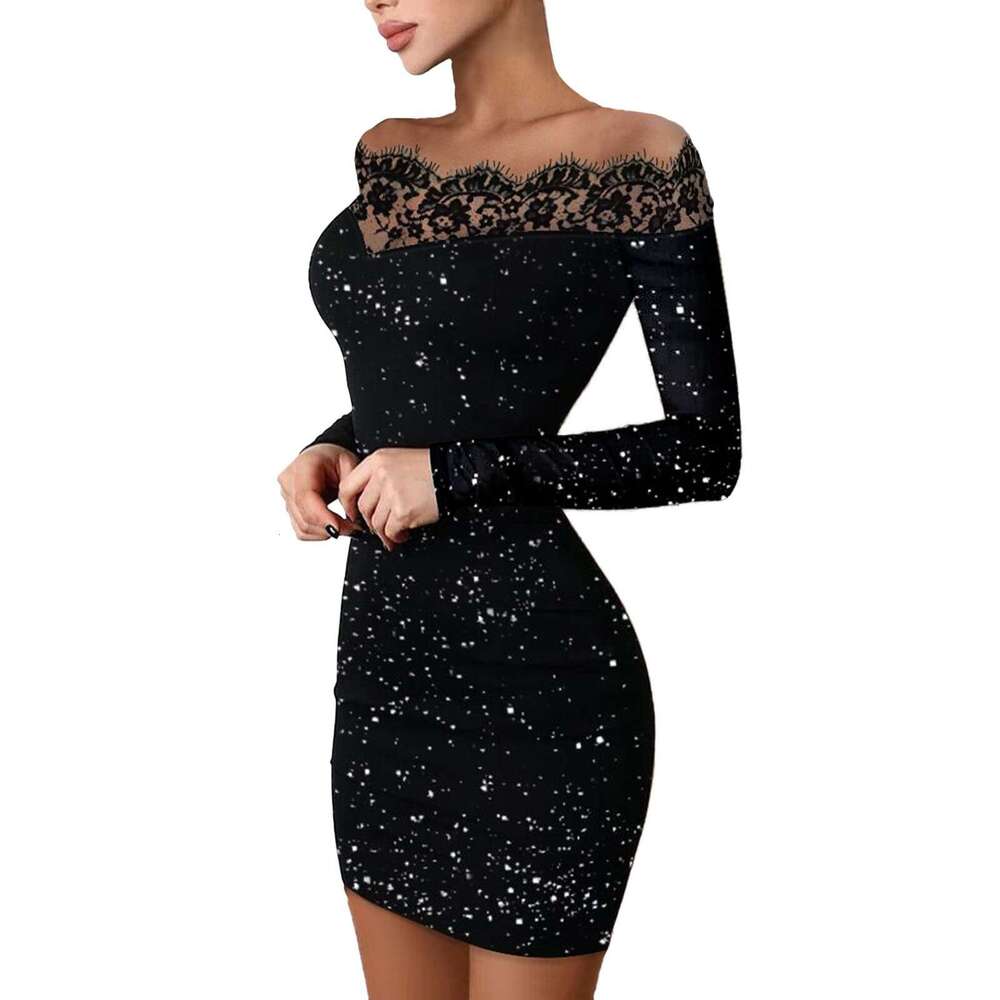 211125#European and American Cross-Border Women's Fashion Slim Fit Silver One-Shoulder Bodycon Black Dress Evening Gown