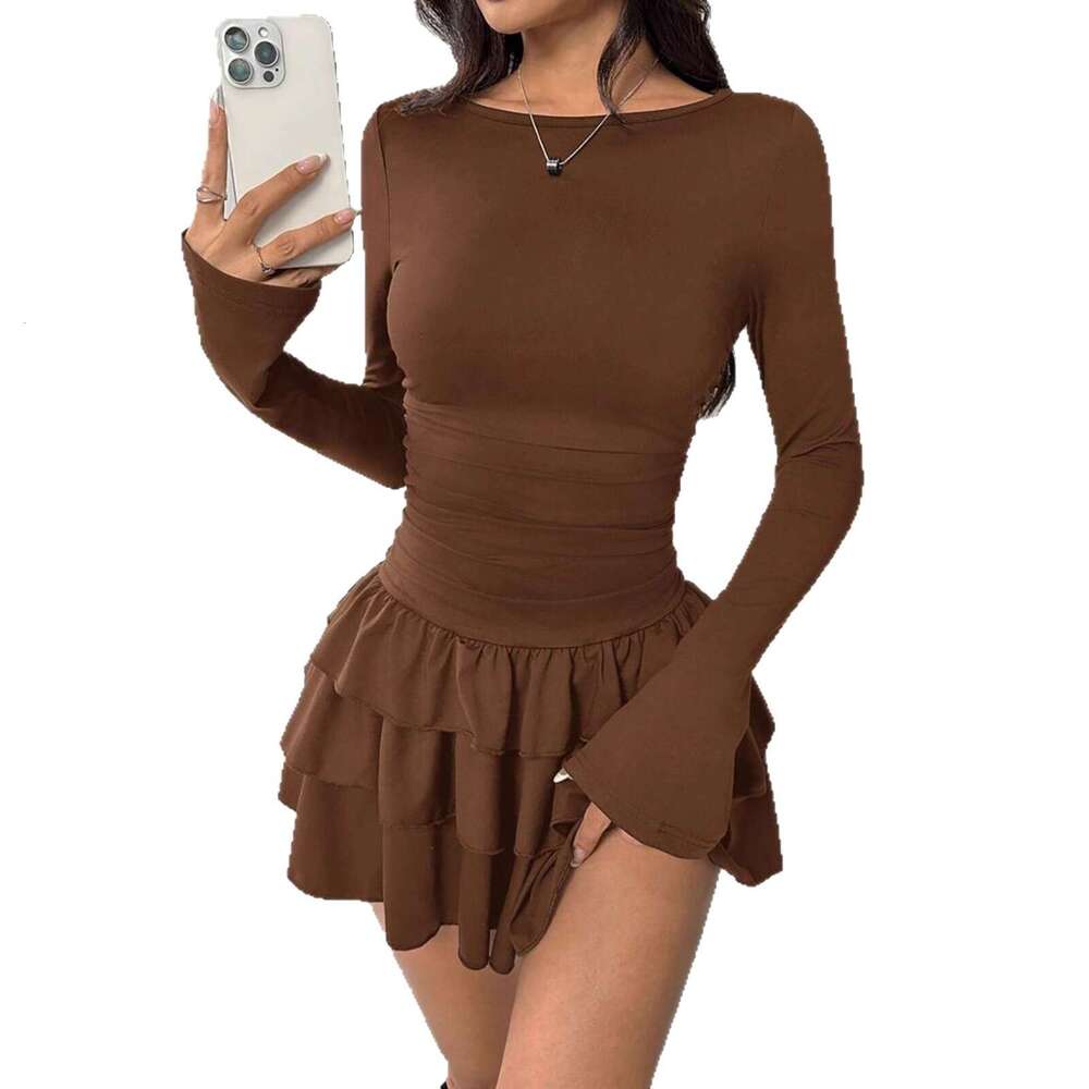 2026 Cross-Border European and American New Women's Fashion Autumn Winter Solid Color Slim Fit Elegant Long Sleeve Dress High-End Feel