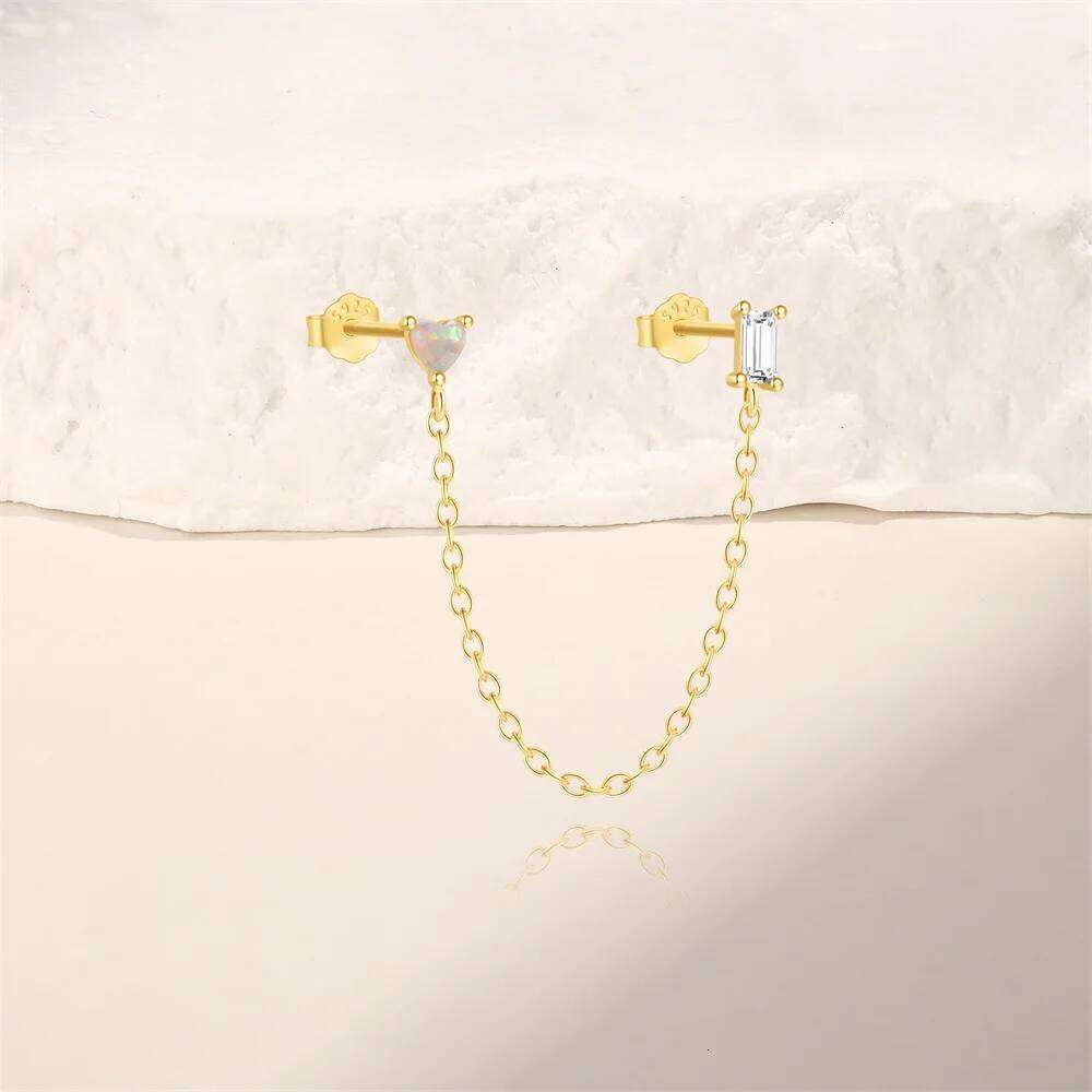 Aide 925 Sterling Silver Double Hole Link Chain Square Ear Stud Earrings for Women Gold Color Flower Cartilage Piercing Jewelry