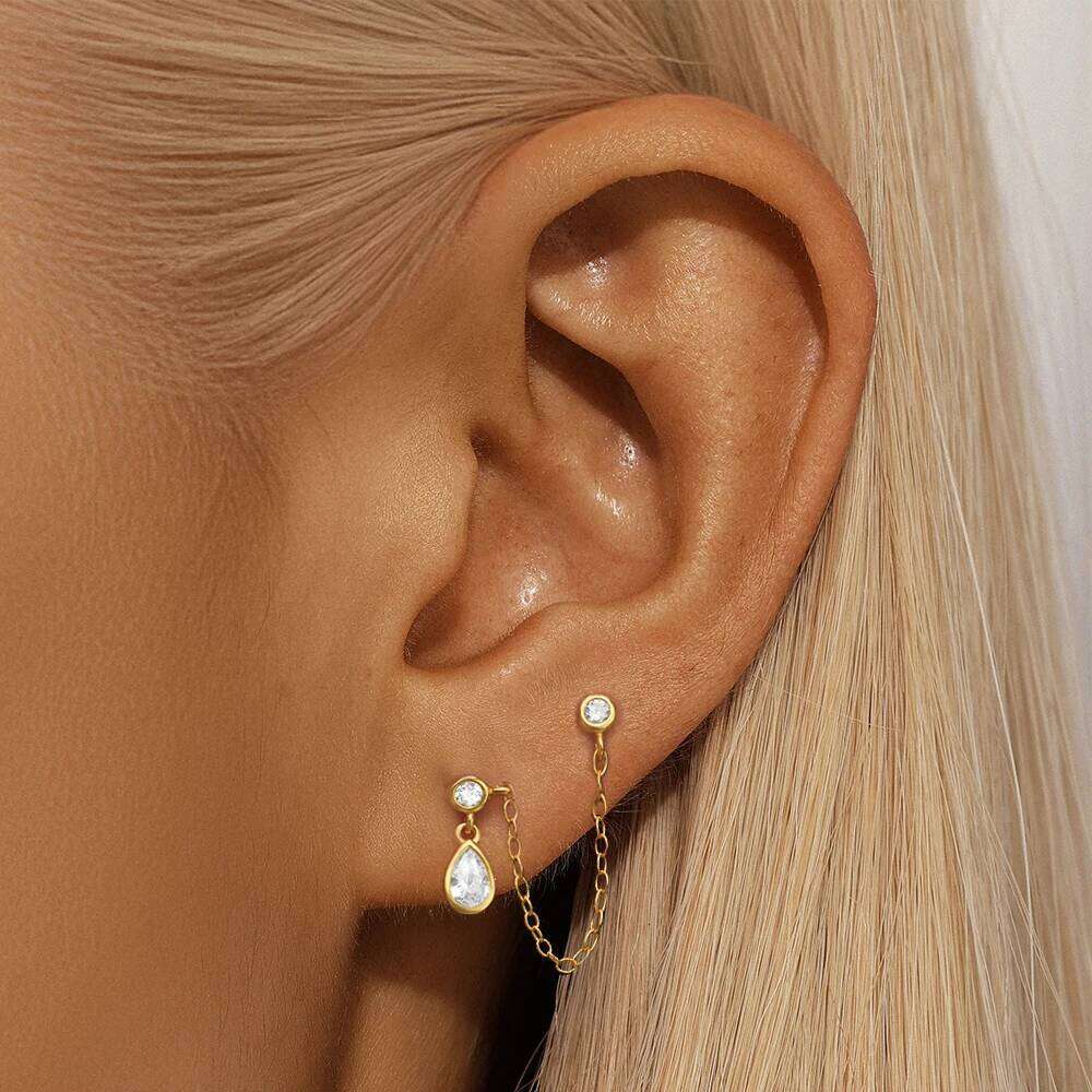 Aide 925 Sterling Silver Flower Heart Star Cubic Zircon Link Chain Double Stud Earring For Women Pendant Earrings Piercing Jewel