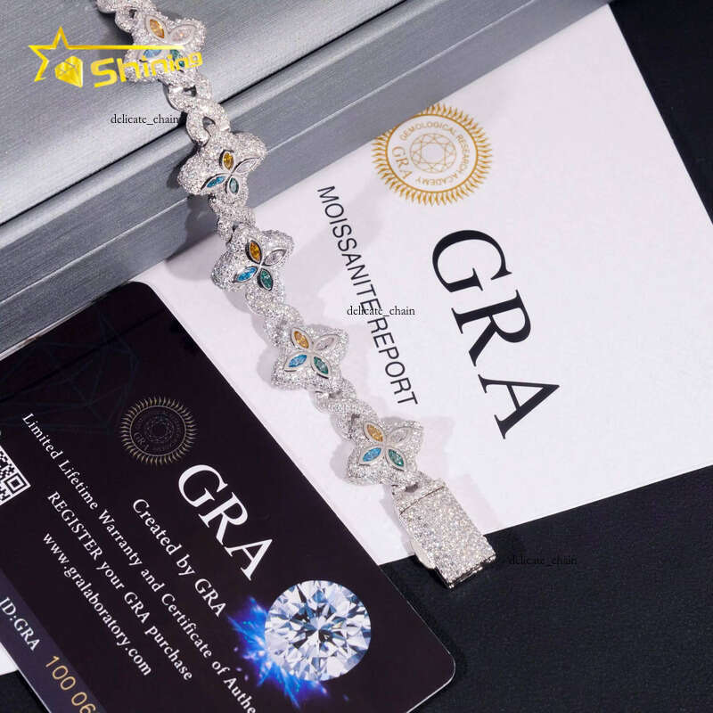 Custom Luxury Iced Out Hip Hop VVS Moissanite Diamond 925 Silver Cuban Chain Trendy Colorful Flower Clover Bracelet