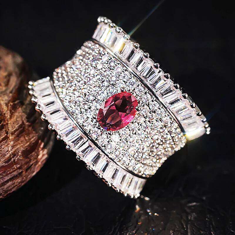 Huitan Full Bling Iced Out Red CZ Rings Women for Wedding Cocktail Party Gorgeous Lady Anniversary Gift Sparkling Trendy Jewelry