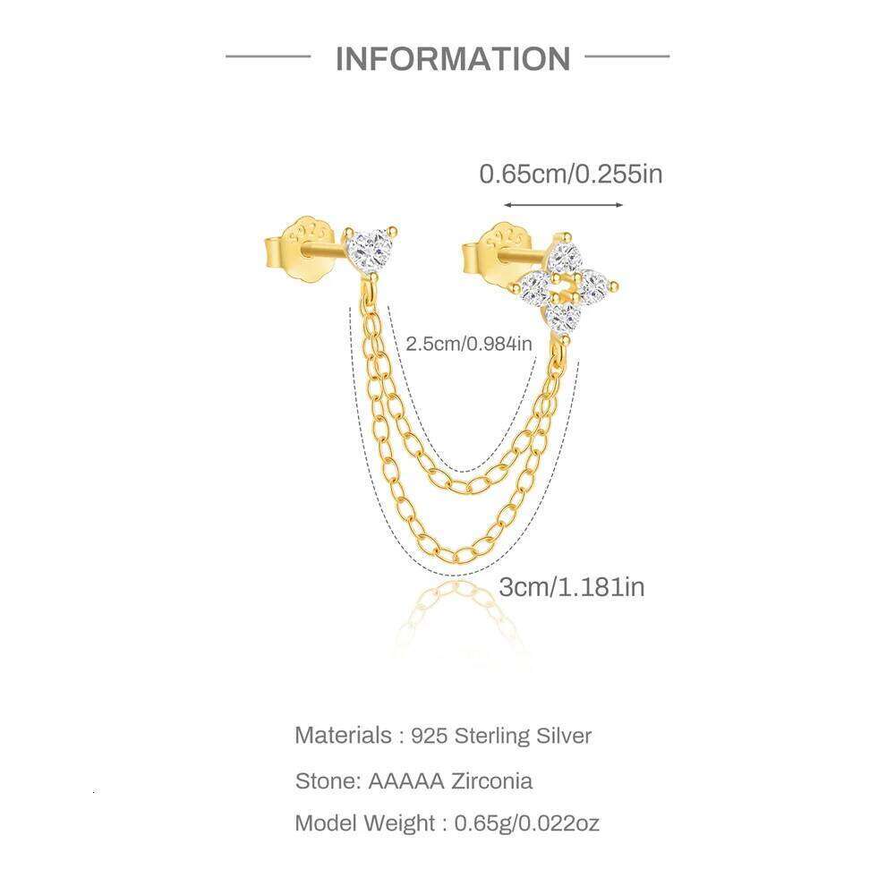 Aide Double Hole Link Chain Square Ear Stud for Women 925 Sterling Silver Flower Cartilage Piercing Earrings Jewelry