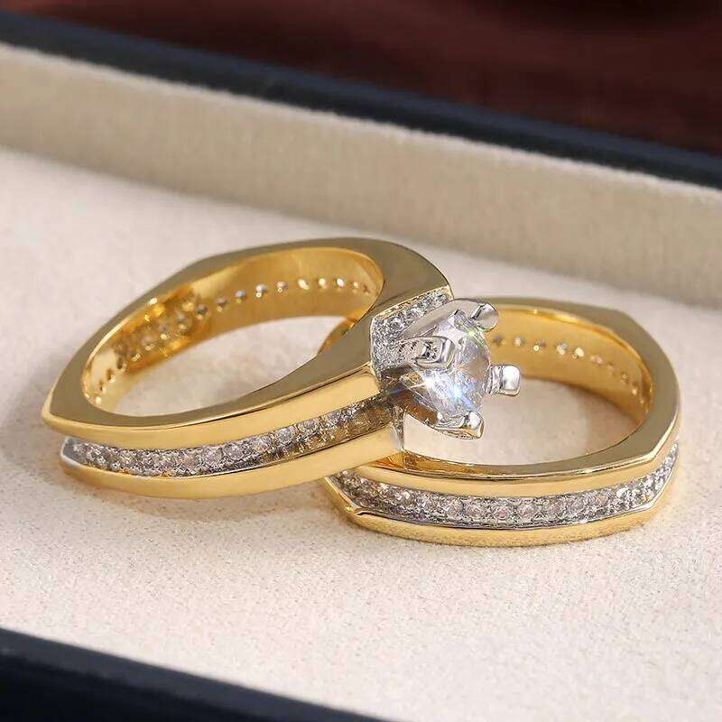 Huitan 2Pcs Bridal Set Ring Luxury Gold Color Geometric Shape Wedding Jewelry Women Micro Pave CZ Lady Proposal Engagement Rings