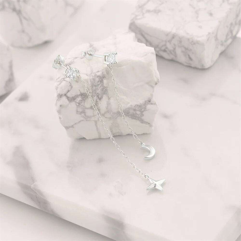 Aide 925 Sterling Silver Moon Star Long Tassel Chain With Mini Zircon Stud Earrings For Women 18K Gold Fine Jewelry High Quality