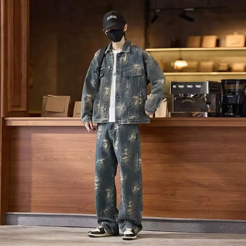 Spring Autumn American Denim Coats Set Classic retro Cowboy Jeans Trendy TwoPiece Sets Versatile Outerwear Casual Jacket 251230