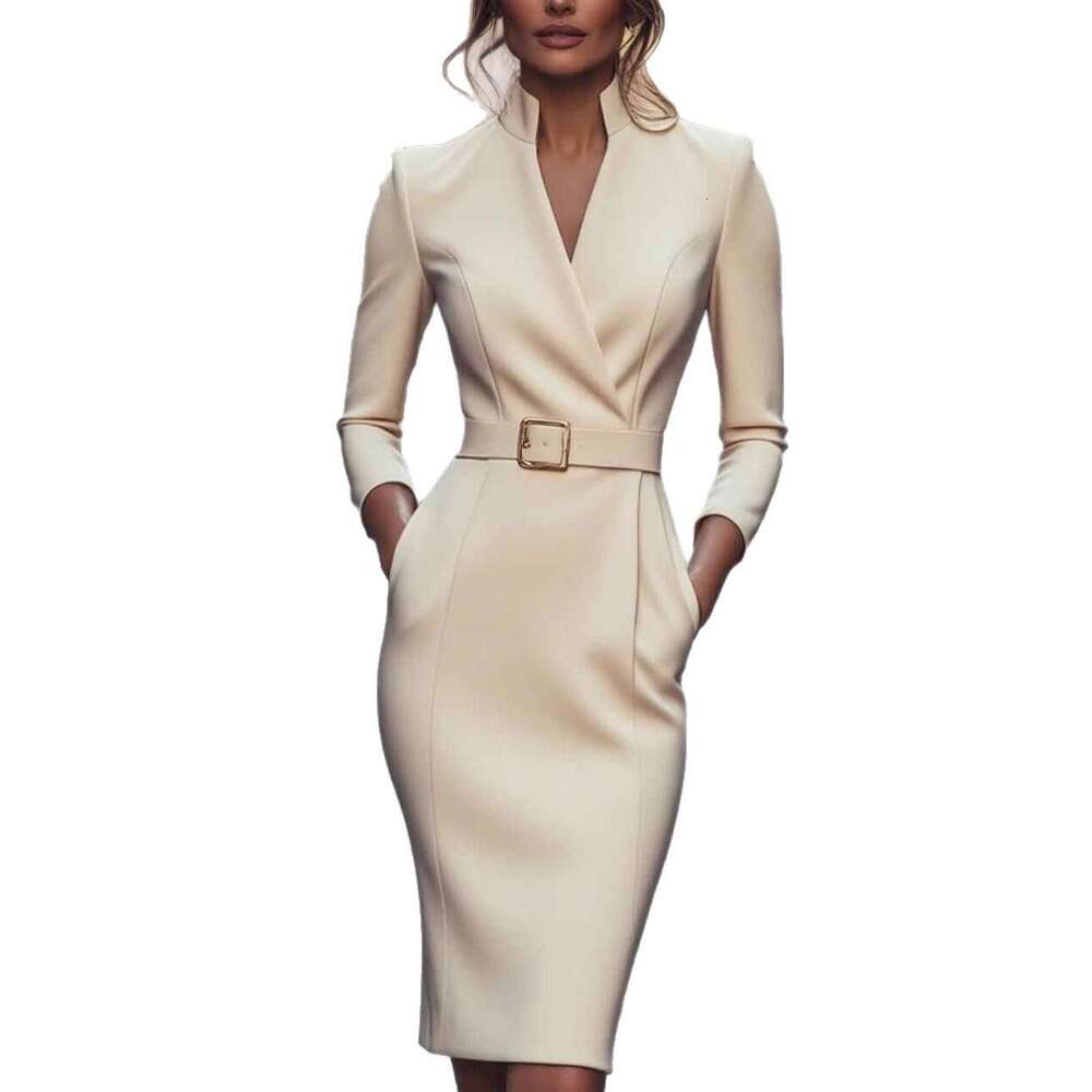 2026 European American Cross-Border Elegant Spring and Autumn Long Sleeve Pocket Dress with Belt