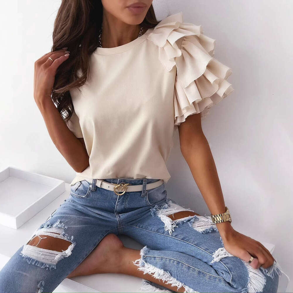 2026 Summer Simple Fashion Ruffled Short Sleeve Round Neck Women's T-Shirt European and American Style