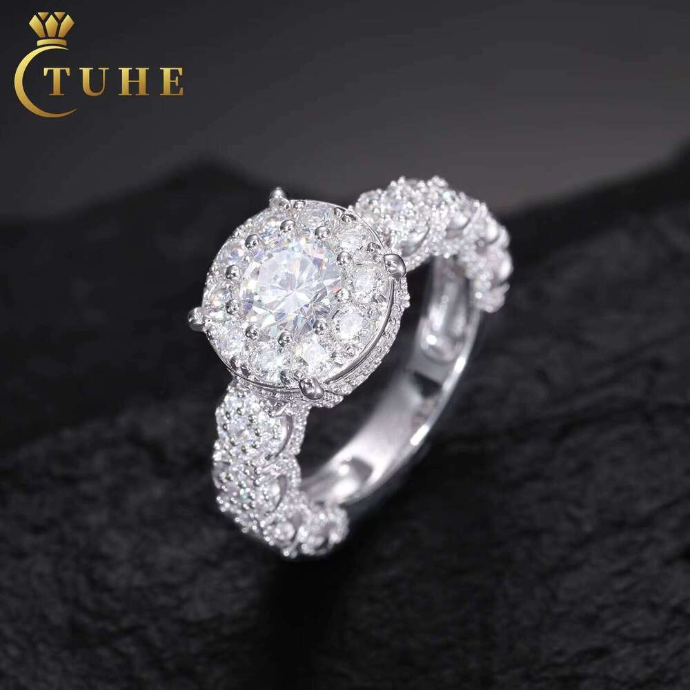 Wholesale Sparkling Wedding Jewelry White Gold 925 Sterling Silver VVS Moissanite Diamond Halo Engagement Ring for Men Women