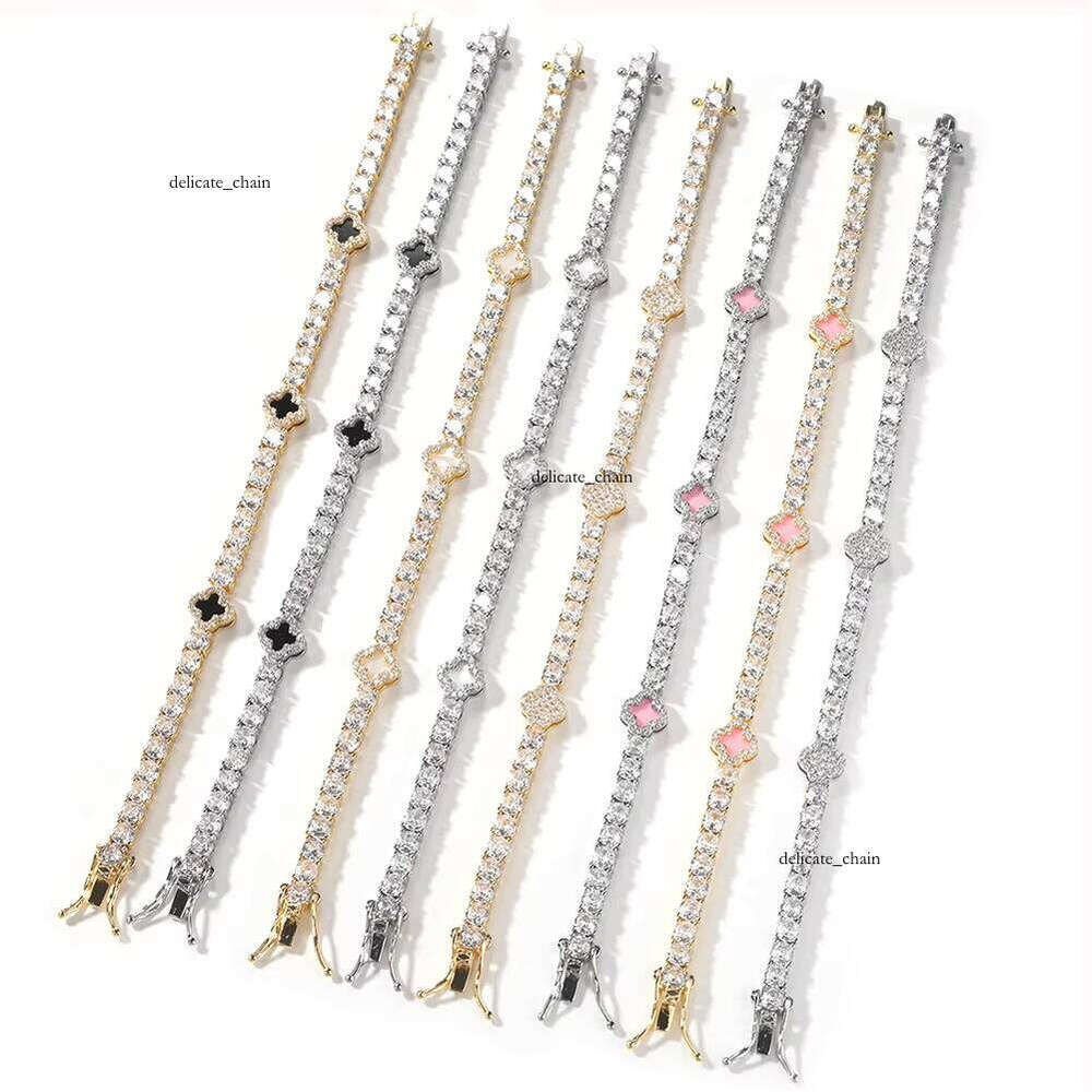 VVS Moissanite UWIN Trendy Mini Size 4-Leaf Pink Clover Tennis Chain Luxurious Women Men Pearl Ice Bracelet Jewelry