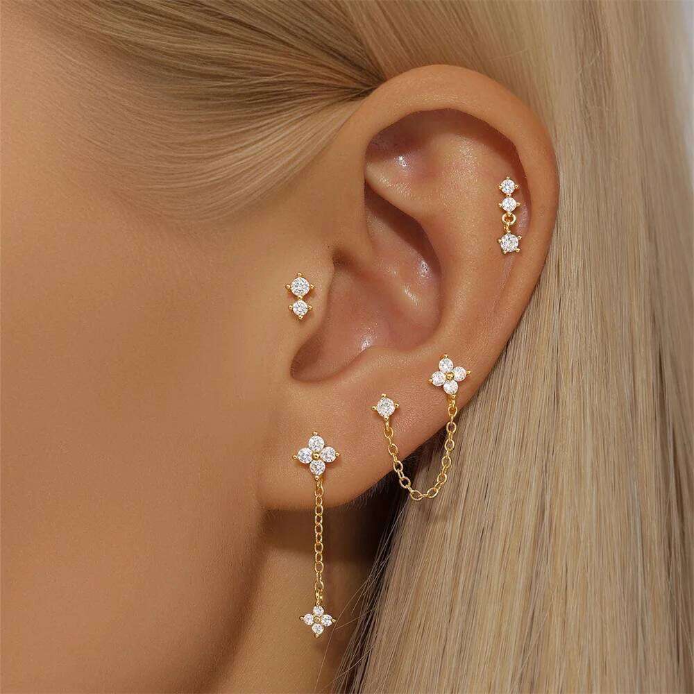 Aide 925 Sterling Silver 4pcs Flower Zircon Stud For Women Chains Double Ear Studs Light Luxury Earring New Year Jewelry