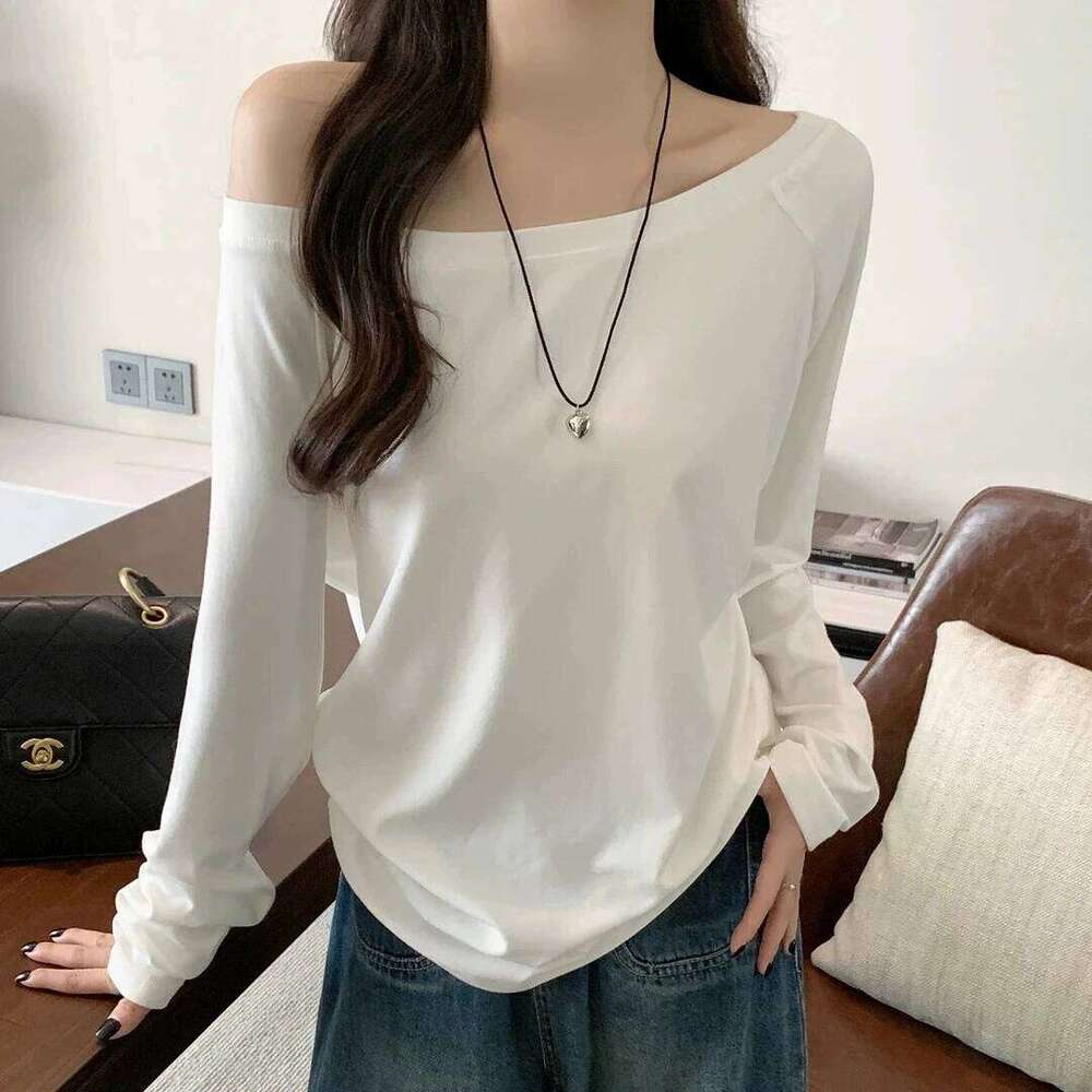 Women's off shoulder diagonal collar long sleeved women's solid color casual top, spring and autumn basic T-shirt, Kore